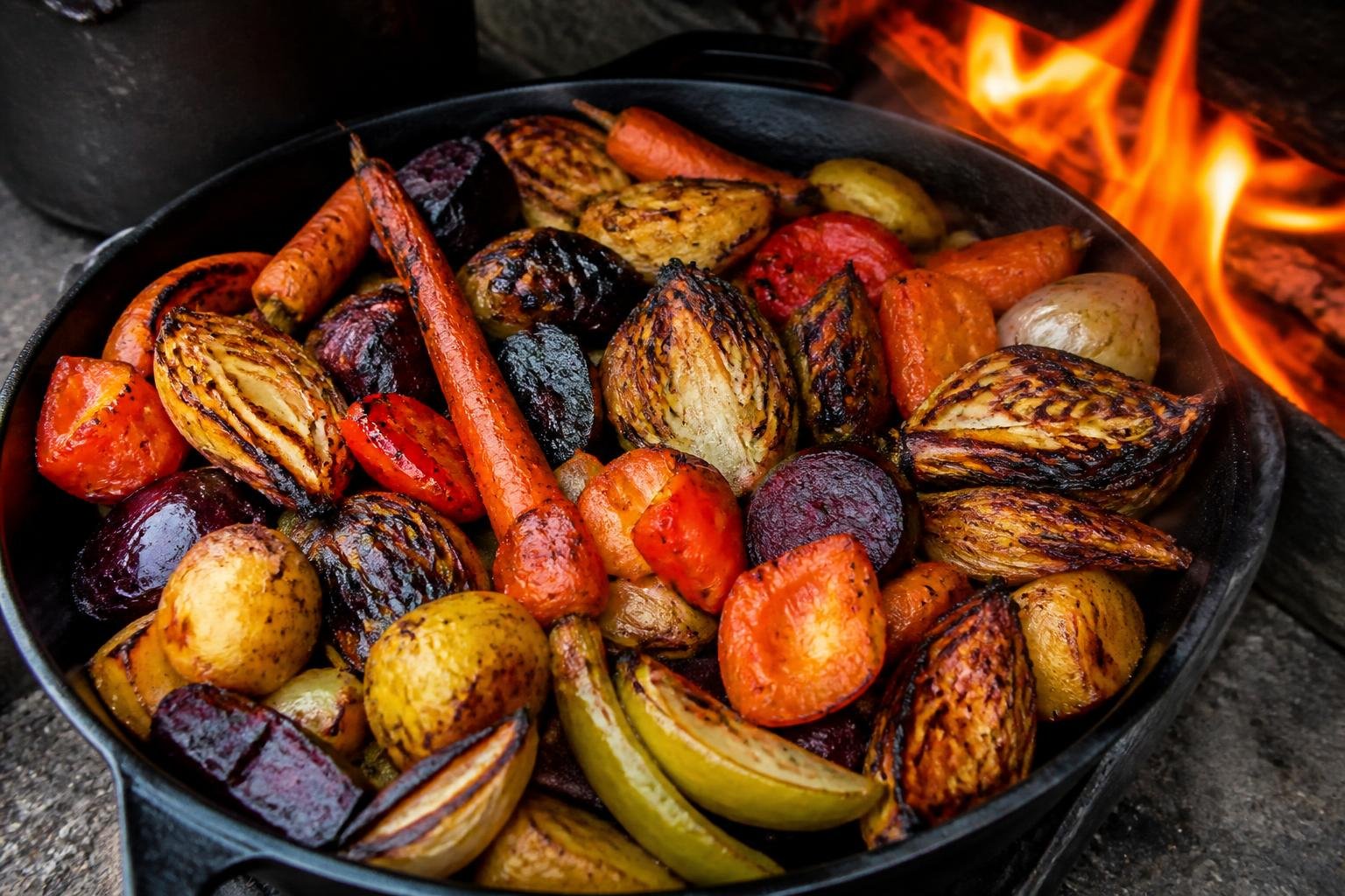 Légumes rôtis au feu de bois avec traces de caramélisation et couleurs intenses