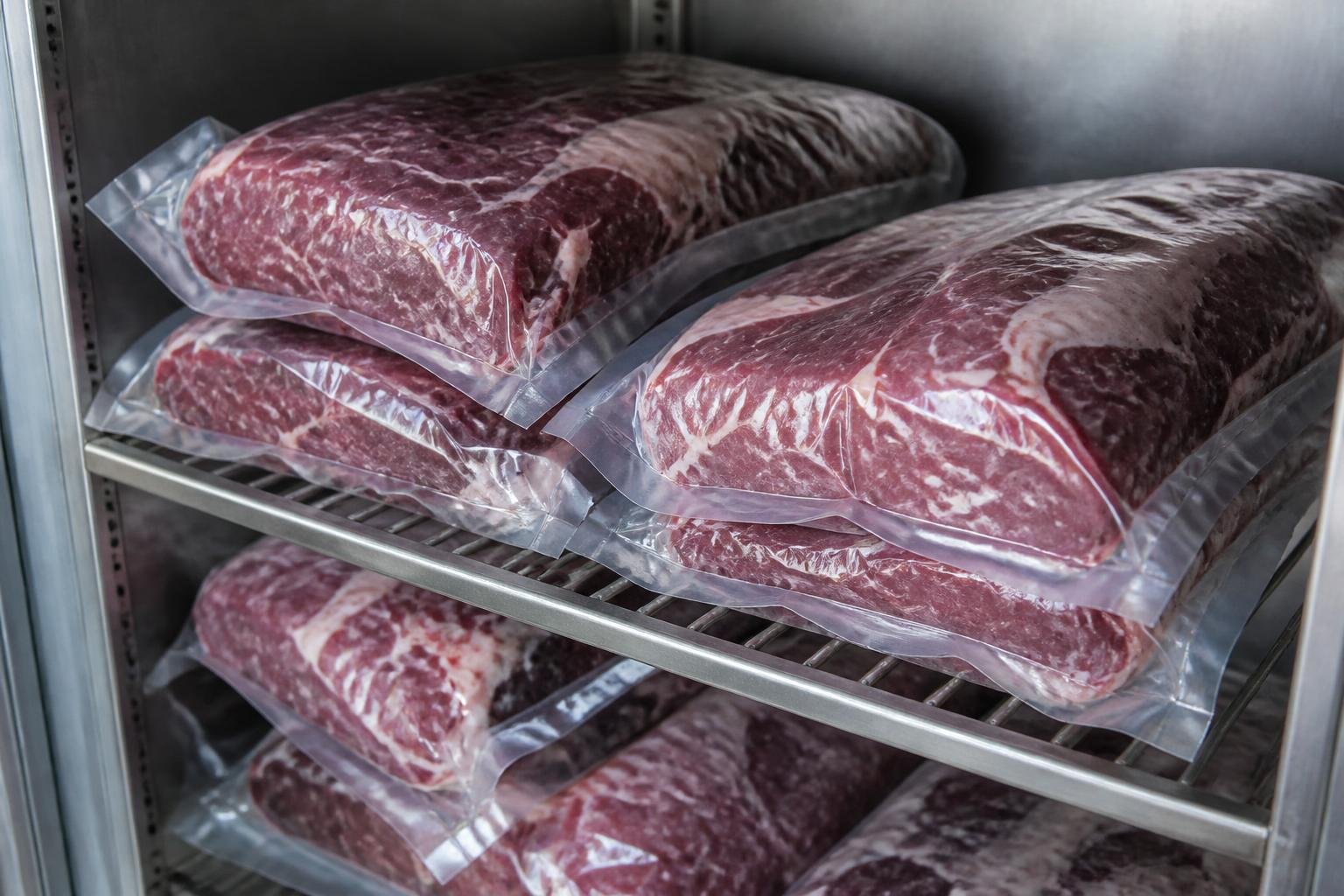 Viande emballée sous vide en chambre froide, illustrant la maturation humide