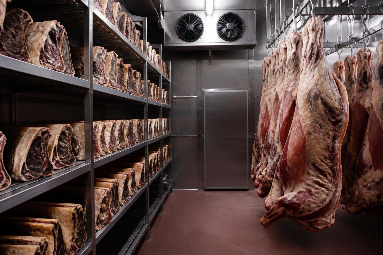 Chambre froide professionnelle avec viandes maturées et conditions de conservation contrôlées