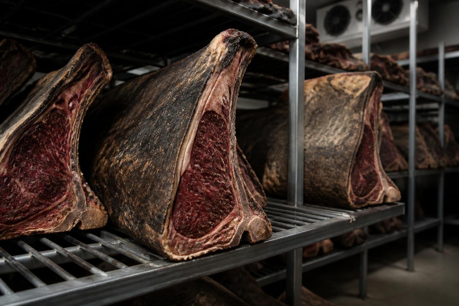 Viande de bœuf maturée avec sa croûte caractéristique dans une chambre froide professionnelle