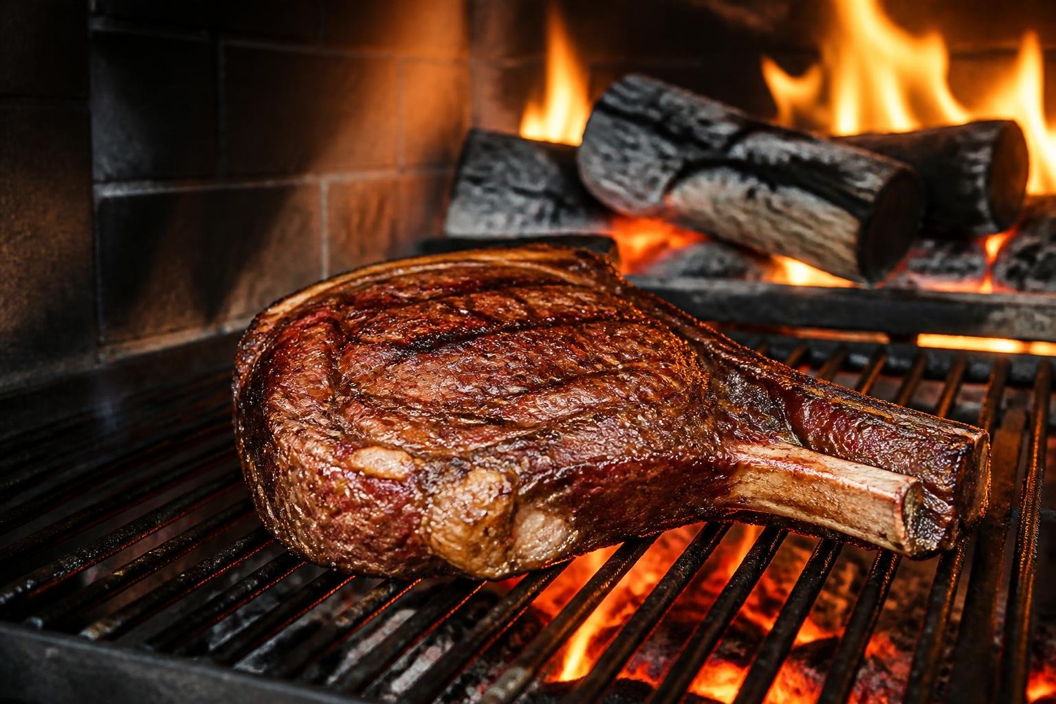Côte de bœuf maturée cuisant sur un feu de bois, caramélisée à l'extérieur