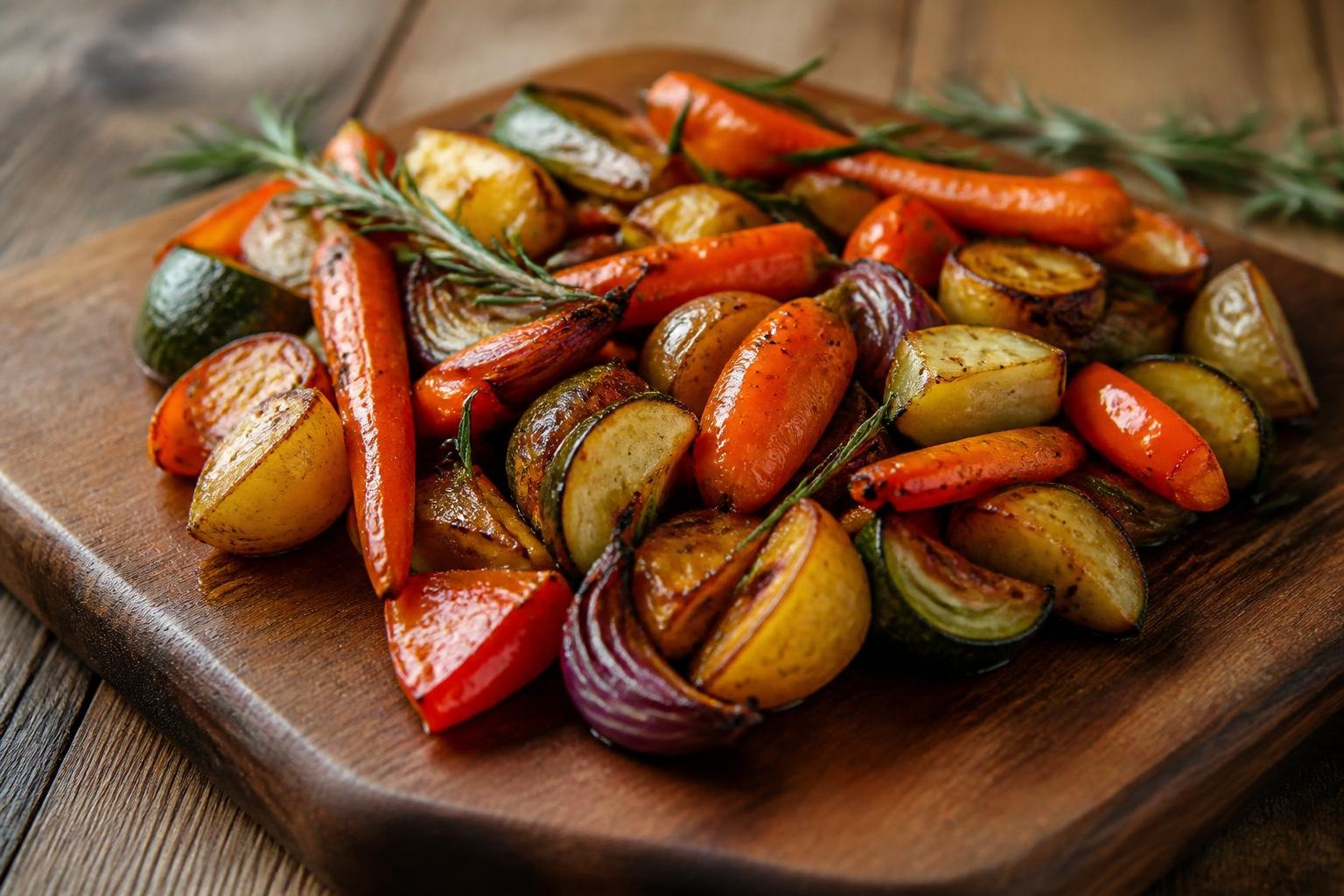 Légumes rôtis dorés sur une planche en bois avec herbes aromatiques
