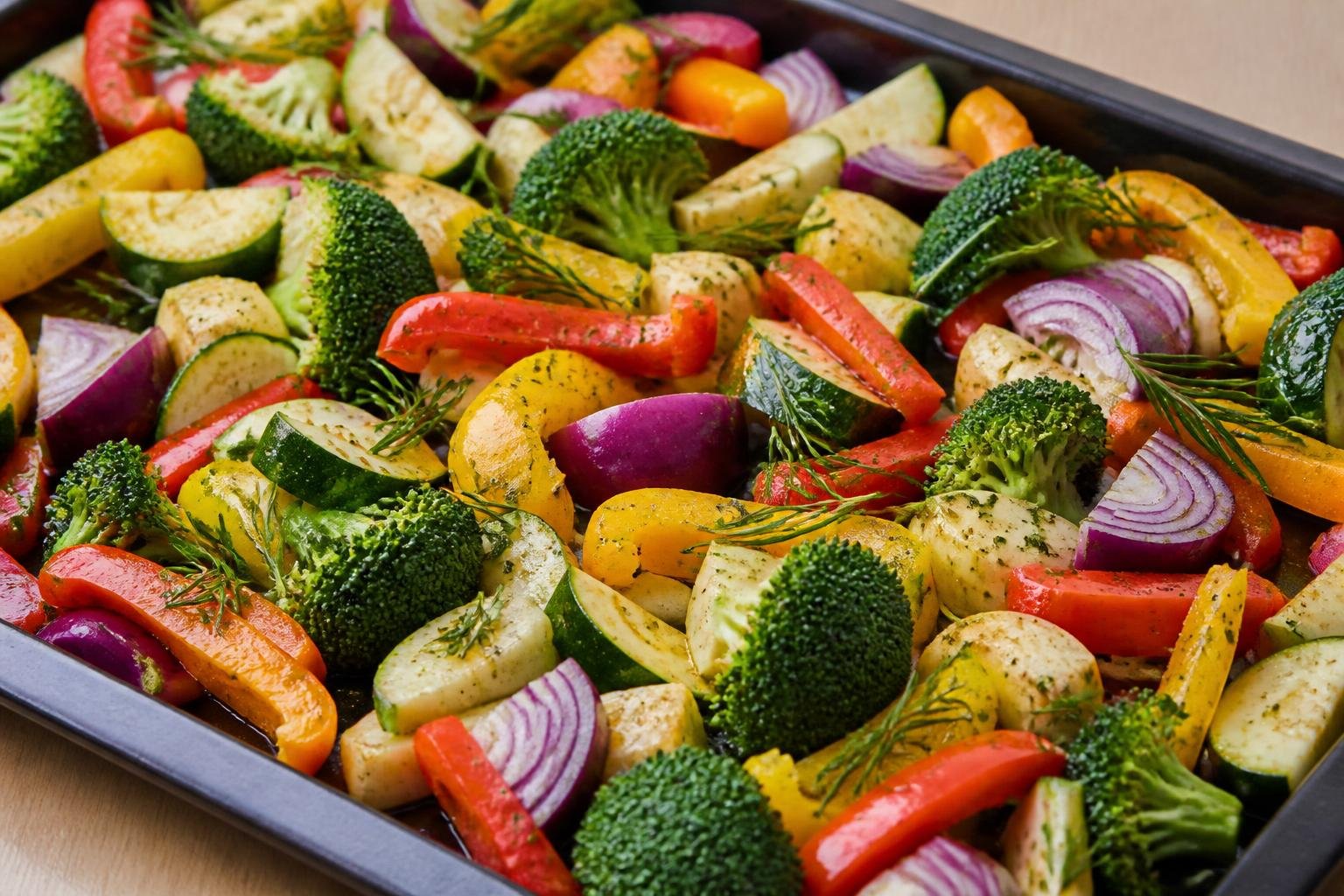 Légumes préparés sur un plateau de cuisson, prêts à être enfournés avec huile d'olive et herbes