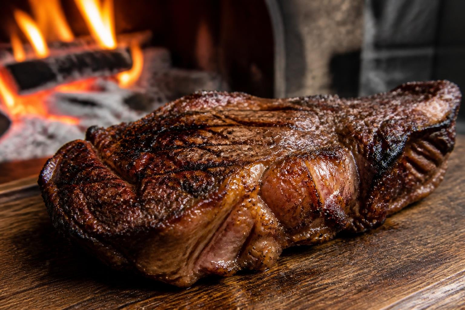 Viande rôtie au feu de bois avec croûte caramélisée et marques de flammes